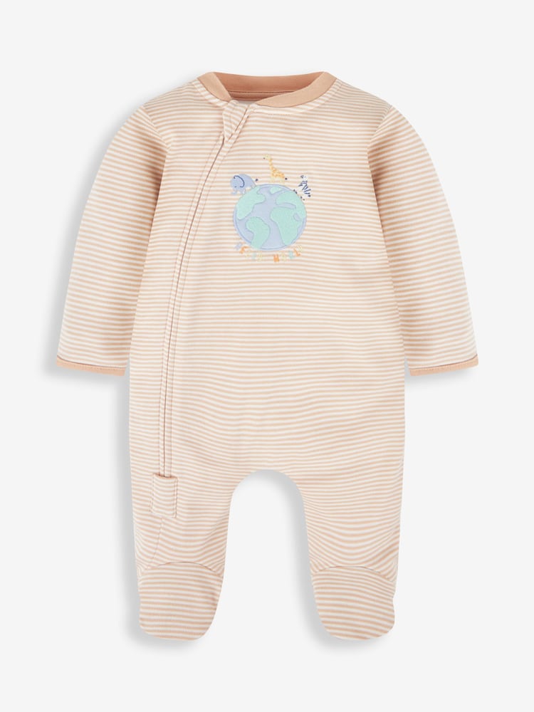 JoJo Maman Bébé Natural Hello World Embroidered Cotton Zip Baby Sleepsuit - Image 1 of 3