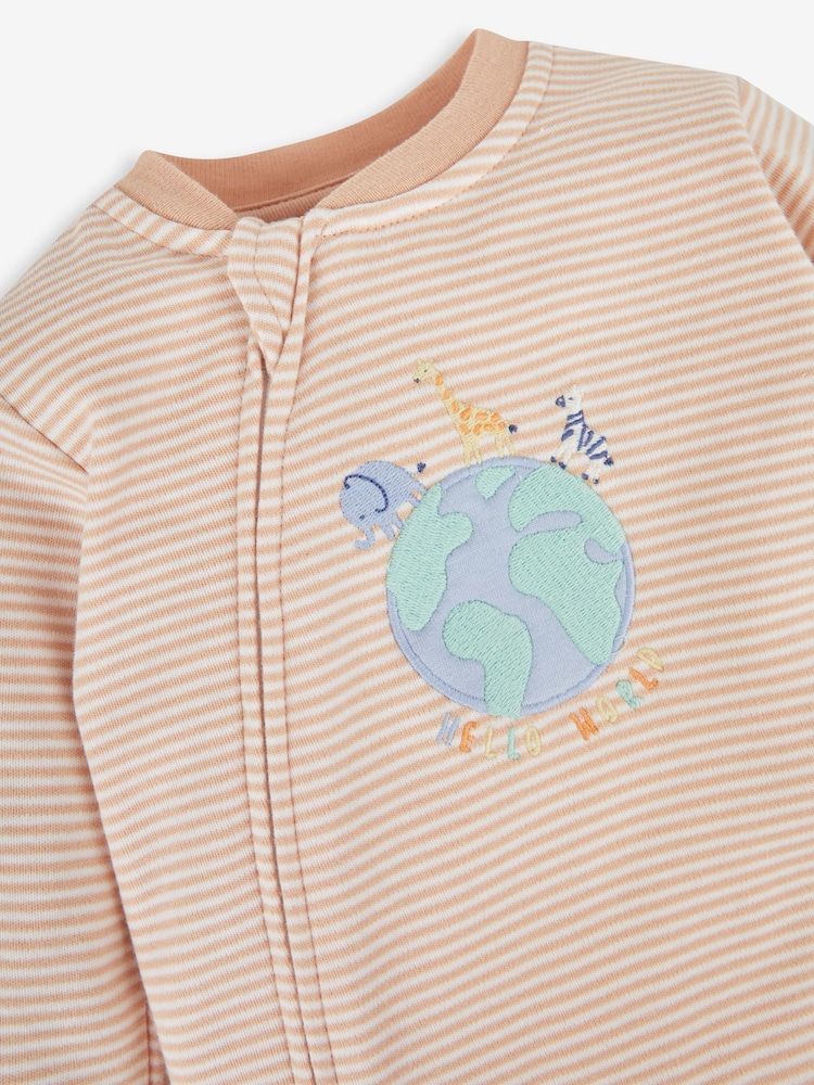 JoJo Maman Bébé Natural Hello World Embroidered Cotton Zip Baby Sleepsuit - Image 2 of 3