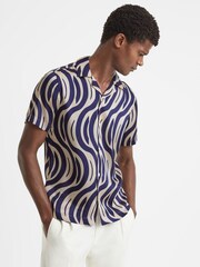 Reiss Ecru/Navy Gamble Animal Print Cuban Collar Shirt - Image 1 of 5