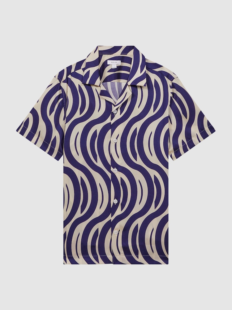 Reiss Ecru/Navy Gamble Animal Print Cuban Collar Shirt - Image 2 of 5