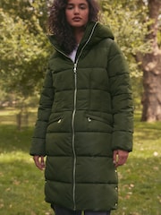 Khaki Green Shower Resistant Padded Puffer Hooded Mid Length Coat - Image 1 of 11
