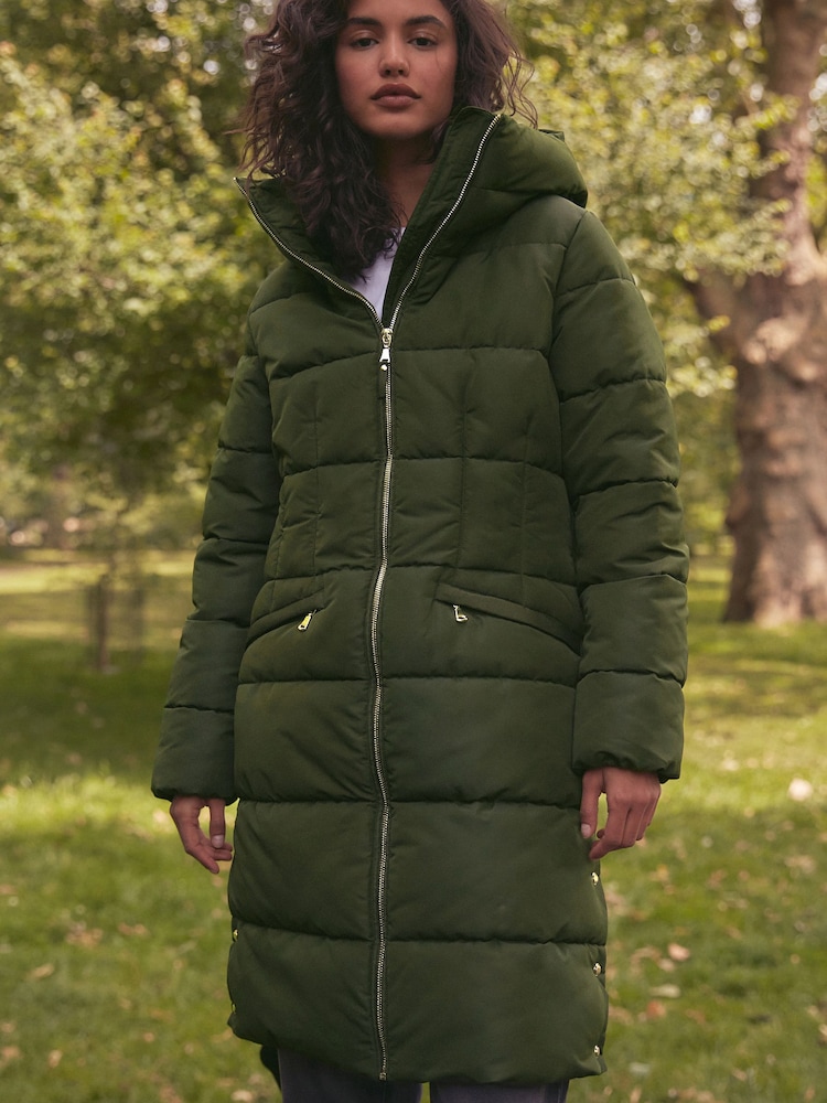 Khaki Green Shower Resistant Padded Puffer Hooded Mid Length Coat - Image 1 of 11