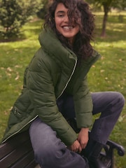 Khaki Green Shower Resistant Padded Puffer Hooded Mid Length Coat - Image 2 of 11