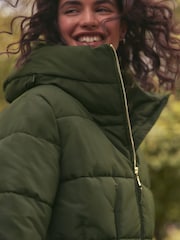 Khaki Green Shower Resistant Padded Puffer Hooded Mid Length Coat - Image 5 of 11