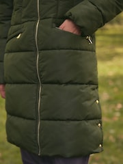Khaki Green Shower Resistant Padded Puffer Hooded Mid Length Coat - Image 6 of 11