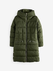 Khaki Green Shower Resistant Padded Puffer Hooded Mid Length Coat - Image 8 of 11