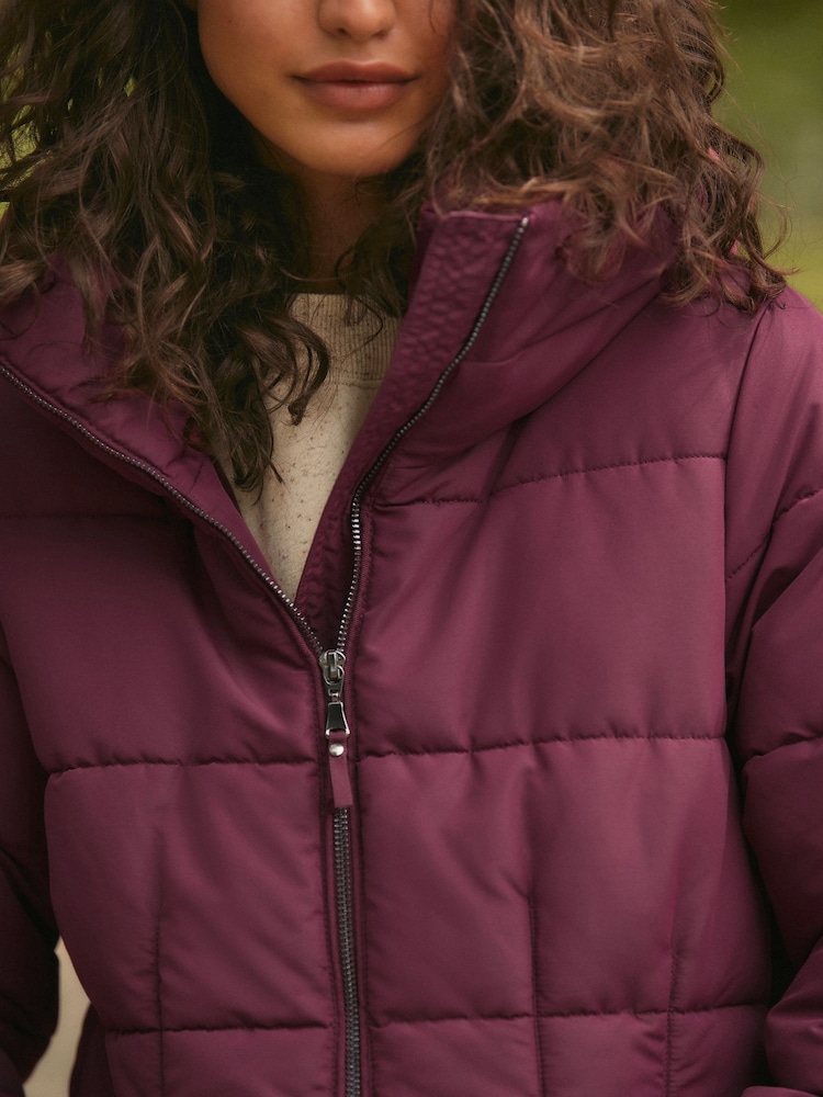 Burgundy Shower Resistant Padded Puffer Hooded Mid Length Coat - Image 8 of 10