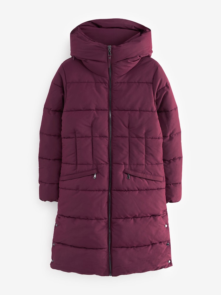 Burgundy Shower Resistant Padded Puffer Hooded Mid Length Coat - Image 9 of 10