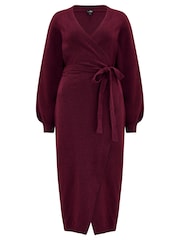 Pour Moi Burgundy Red Elle Knit Midi Wrap Dress - Image 3 of 4