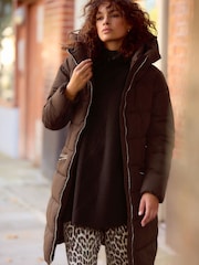 Chocolate Brown Shower Resistant Padded Puffer Hooded Mid Length Coat - Image 1 of 8