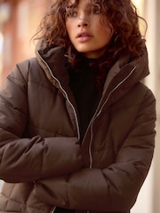 Chocolate Brown Shower Resistant Padded Puffer Hooded Mid Length Coat - Image 4 of 8
