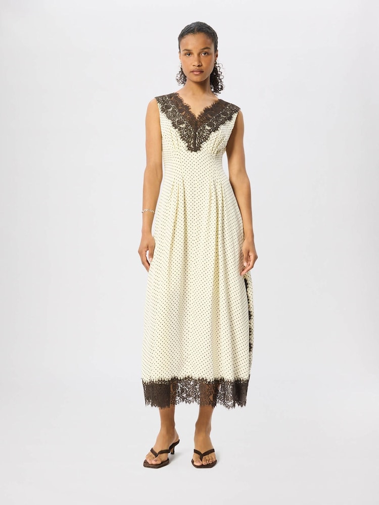 Whistles Yellow Petite Lace V-Neck Spot Midi Dress - Image 5 of 5