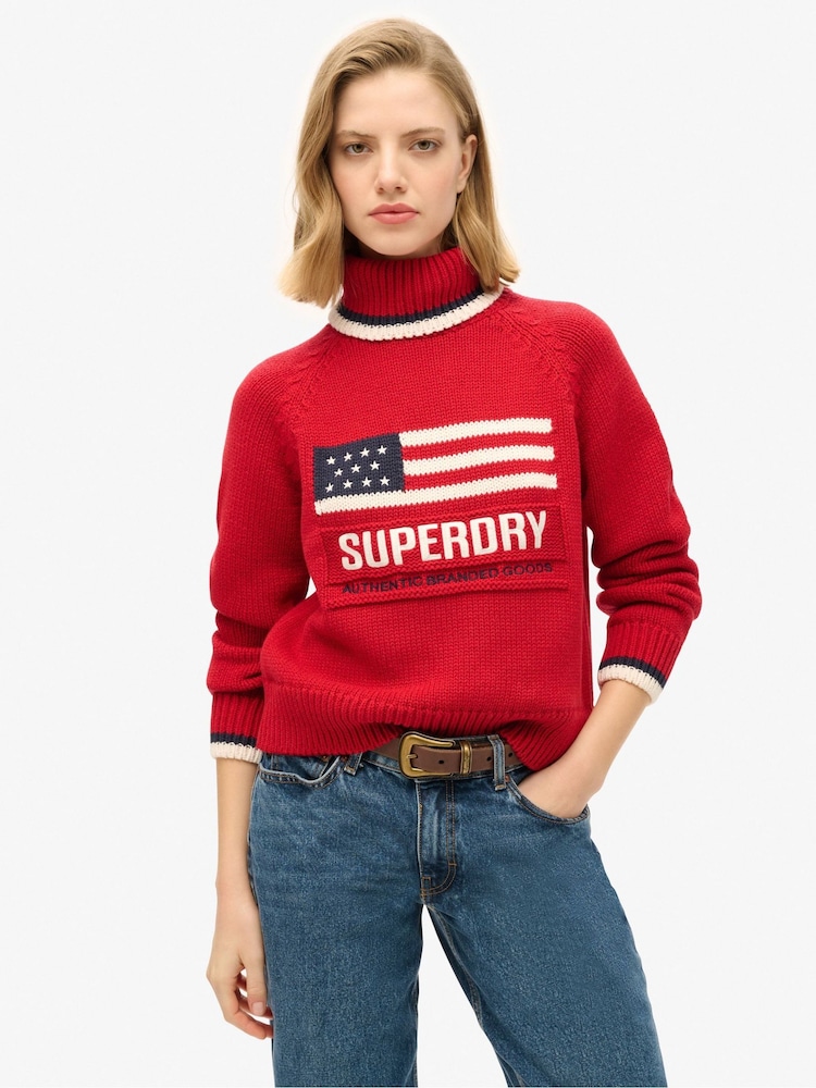 Superdry Red Americana Roll Neck Knit Jumper - Image 1 of 5