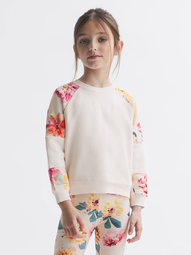 Reiss Pink Brooke Junior Floral Print Cotton Jersey Sweatshirt - Image 1 of 6