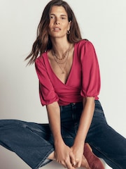 Boden Red Tia Ruched Wrap Top - Image 3 of 4