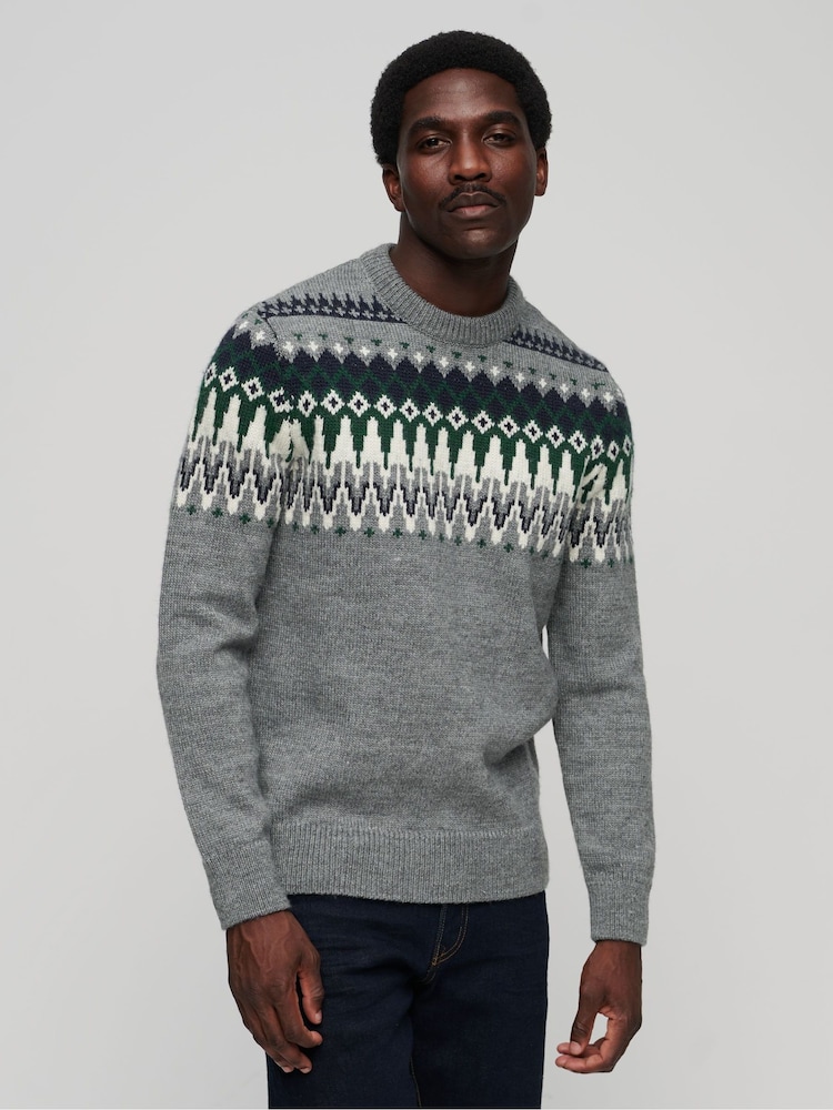 Superdry Grey Fairisle Pattern Knit Crew Jumper - Image 1 of 6