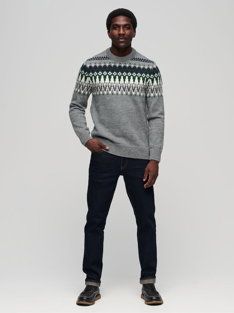 Superdry Grey Fairisle Pattern Knit Crew Jumper - Image 2 of 6 Superdry Grey Fairisle Pattern Knit Crew Jumper - Image 2 of 6