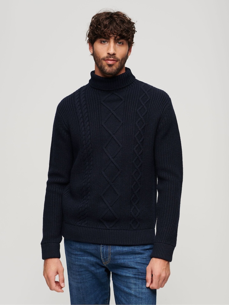 Superdry Blue The Merchant Store Cable Roll Neck Jumper - Image 1 of 3
