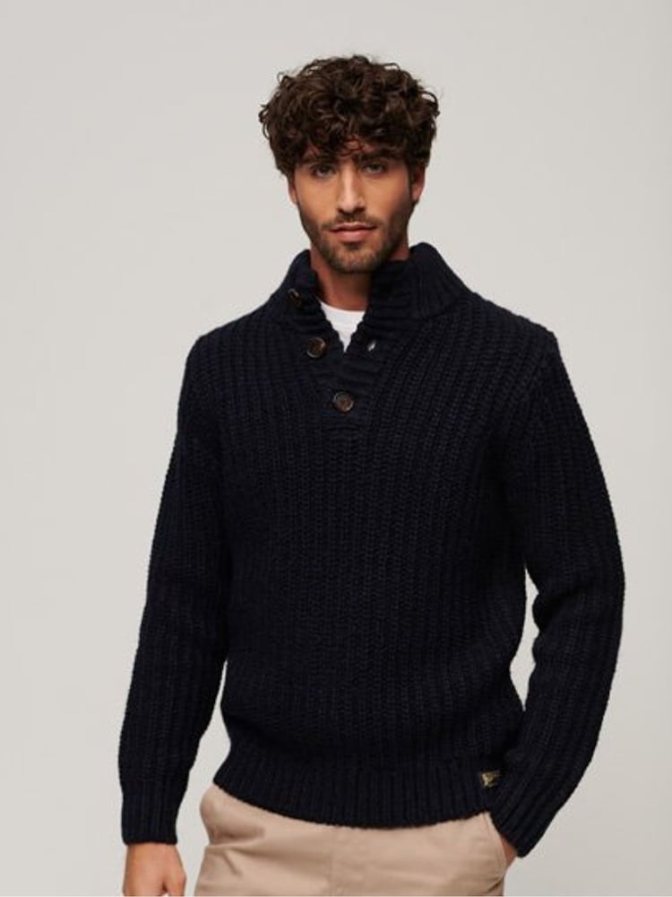 Superdry Blue Chunky Knit Henley Jumper - Image 1 of 6