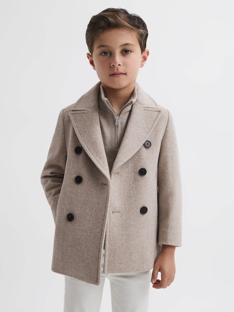 Reiss Oatmeal Bergamo Junior Wool Blend Double Breasted Peacoat - Image 1 of 6