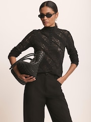 Mint Velvet Black Lace Button Detail Top - Image 2 of 7