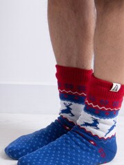 Totes Blue Mens Sherpa Lined Fairisle Pattern Slipper Socks - Image 1 of 5