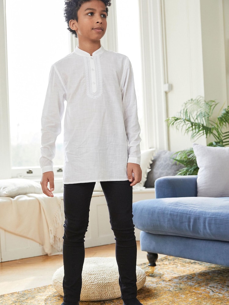 White Shirt Length Embroidered Boys Kurta (3-16yrs) - Image 1 of 6