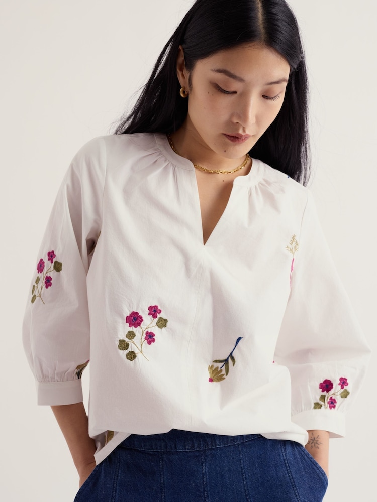 Seasalt Cornwall White Grace Embroidered Top - Image 1 of 5