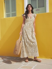 Khaki Green Feminine Frill Embroidered Maxi Summer Dress - Image 1 of 8