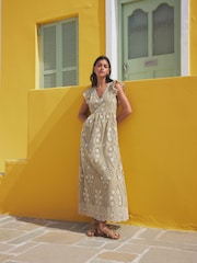 Khaki Green Feminine Frill Embroidered Maxi Summer Dress - Image 2 of 8