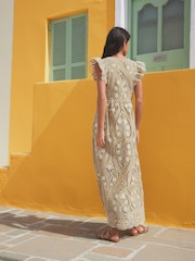 Khaki Green Feminine Frill Embroidered Maxi Summer Dress - Image 4 of 8