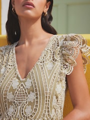 Khaki Green Feminine Frill Embroidered Maxi Summer Dress - Image 5 of 8