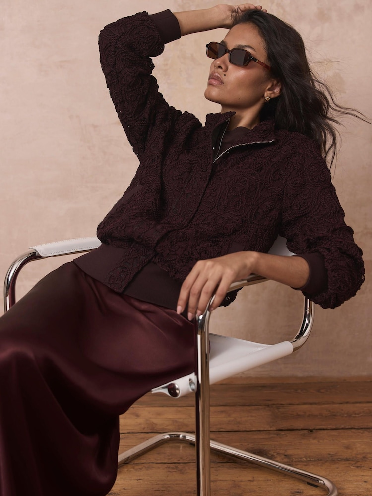 Mint Velvet Red Embroidered Lace Bomber Jacket - Image 1 of 8