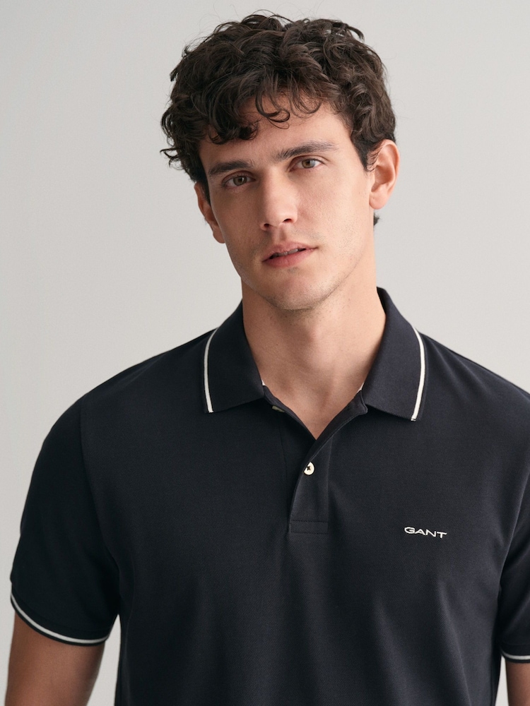 GANT Black Tipped Collar Pique 100% Cotton Polo Shirt - Image 4 of 5