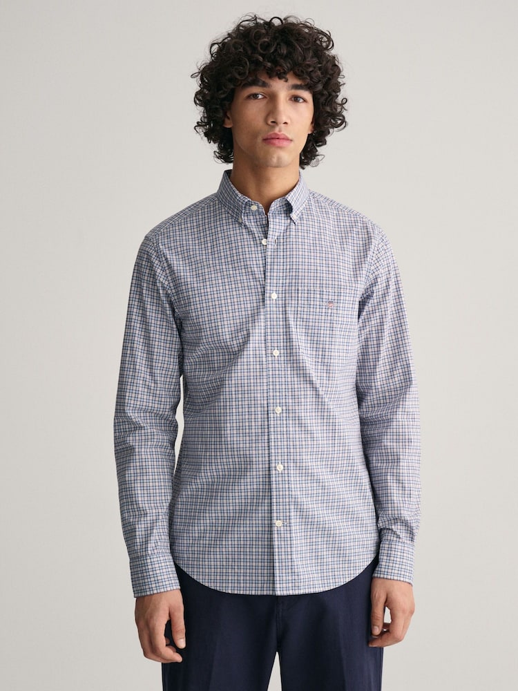 GANT Blue Regular Fit Micro Checked Poplin 100% Cotton Shirt - Image 1 of 6