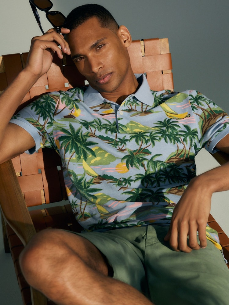 GANT Blue Hawaiian Print 100% Cotton Polo Shirt - Image 1 of 8