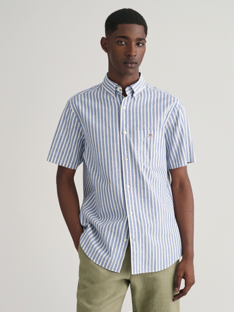 GANT Blue Regular Fit Striped Cotton Linen Shirt - Image 1 of 5