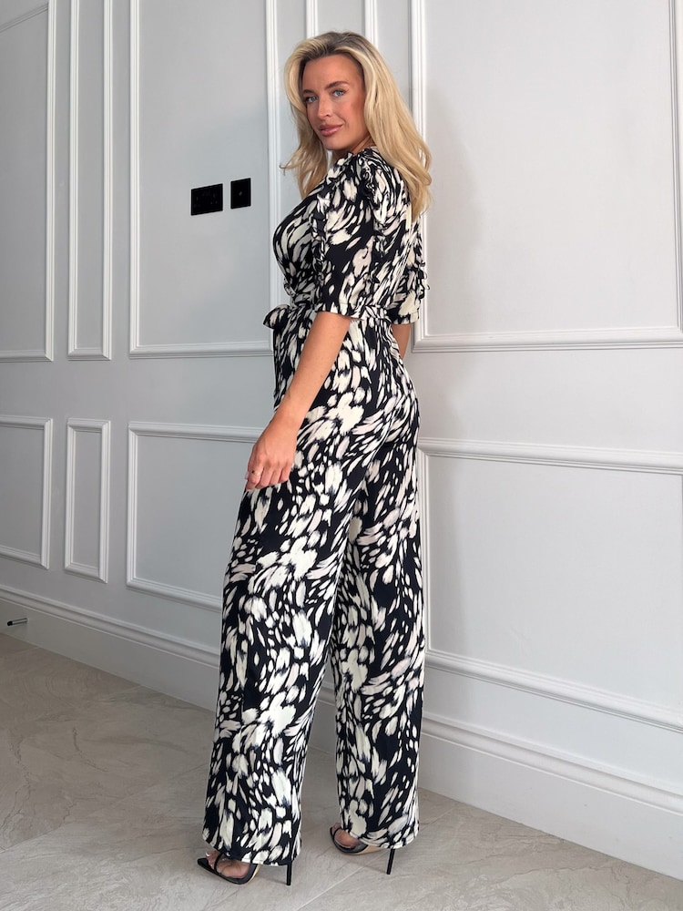 Girl In Mind Black/Cream Spot Petite Fizz Puff Sleeve Wide Leg Jumpsuit - Image 2 of 4