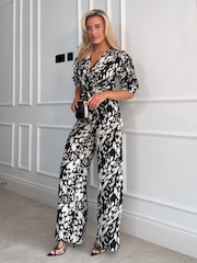 Girl In Mind Black/Cream Spot Petite Fizz Puff Sleeve Wide Leg Jumpsuit - Image 3 of 4