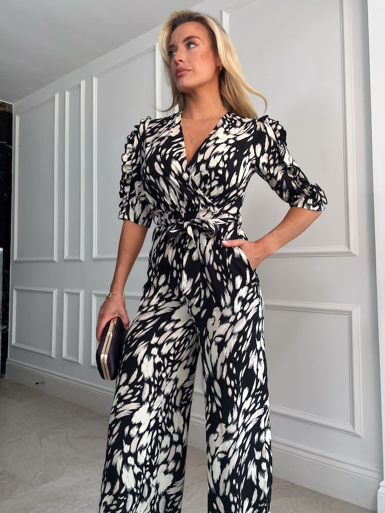 Girl In Mind Black/Cream Spot Petite Fizz Puff Sleeve Wide Leg Jumpsuit - Image 4 of 4