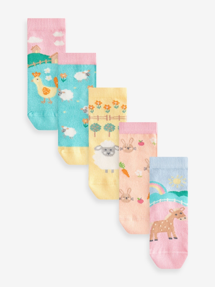 Pink and Green 5 Pack Cotton Rich Farm Character Ankle Socks - Image 1 of 6