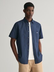 GANT Blue Regular Fit Micro Print Short Sleeve 100% Cotton Shirt - Image 1 of 5