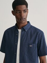 GANT Blue Regular Fit Micro Print Short Sleeve 100% Cotton Shirt - Image 4 of 5