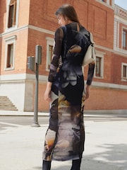 Blue Floral Long Sleeve Mesh Midi Dress - Image 3 of 4