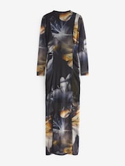 Blue Floral Long Sleeve Mesh Midi Dress - Image 6 of 7