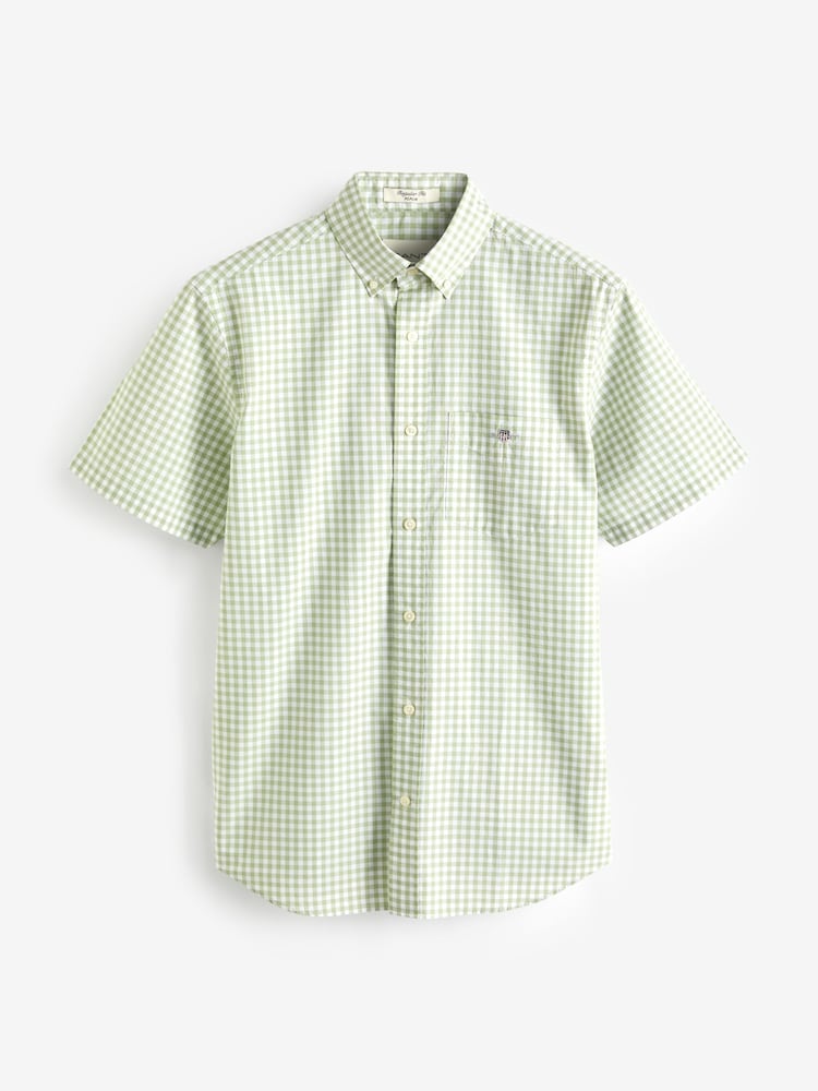 GANT Green Regular Fit Gingham Poplin Short Sleeve 100% Cotton Shirt - Image 5 of 5