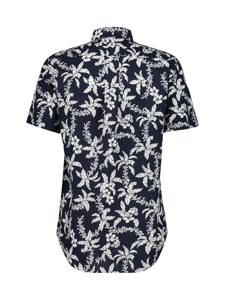 GANT Blue Regular Fit Palm Print Cotton Linen Short Sleeve Shirt - Image 2 of 4 GANT Blue Regular Fit Palm Print Cotton Linen Short Sleeve Shirt - Image 2 of 4