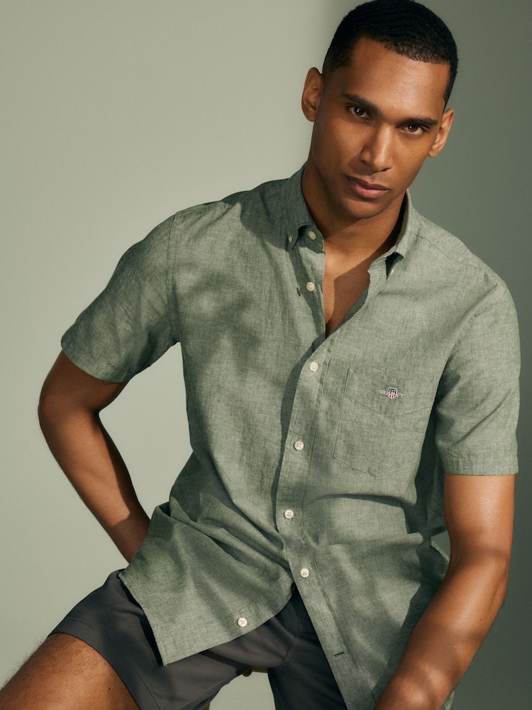 GANT Green Regular Fit Cotton Linen Short Sleeve Shirt - Image 1 of 8 GANT Green Regular Fit Cotton Linen Short Sleeve Shirt - Image 1 of 8
