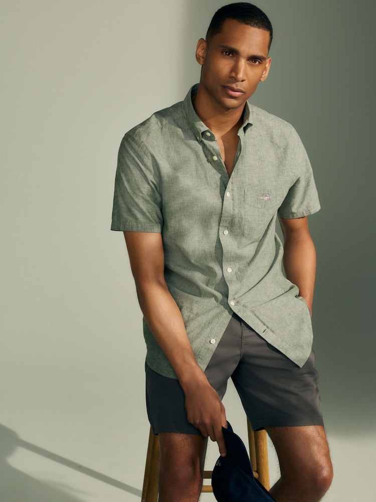 GANT Green Regular Fit Cotton Linen Short Sleeve Shirt - Image 2 of 8