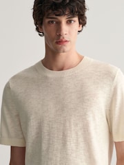 GANT Cream Knitted Cotton Linen T-Shirt - Image 8 of 9
